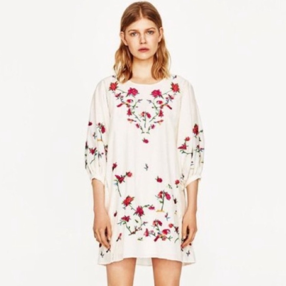 Zara Parrot Macaw Floral Embroidery Dress